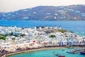View of traditional greek village with white houses on Mykonos Island, Greece, photo