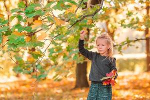 Portrait of adorable little girl with yellow leaves bouquet in fall photo