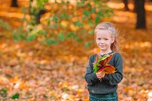 Adorable little girl at beautiful autumn day outdoors photo