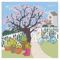 Garden or yard by house, sakura tree in spring vector