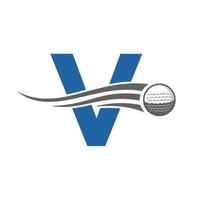 concepto de logotipo de golf letra v con icono de pelota de golf en movimiento. plantilla de vector de símbolo de logotipo de deportes de hockey