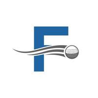 concepto de logotipo de golf con letra f con icono de pelota de golf en movimiento. plantilla de vector de símbolo de logotipo de deportes de hockey