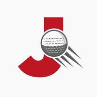 letra j concepto de logotipo de golf con icono de pelota de golf en movimiento. plantilla de vector de símbolo de logotipo de deportes de hockey