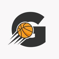 Initial Letter G Basketball Logo Concept With Moving Basketball Icon. Basket Ball Logotype Symbol Vector Template