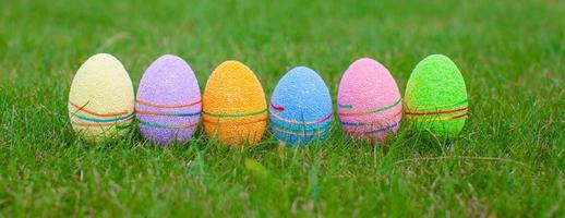 Multi-colored Easter eggs on green grass photo