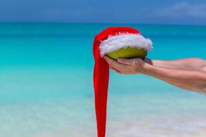 Coconut with Santa hat in male hands against the turquoise sea photo