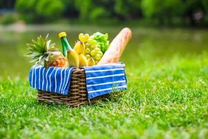 cesta de picnic con frutas, pan y botella de vino blanco. foto