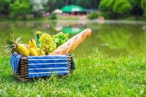 cesta de picnic con frutas, pan y botella de vino blanco. foto