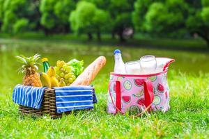 cesta de picnic con frutas, pan y botella de vino blanco. foto