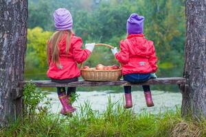 Rear view of two beautiful sisters on bench by the lake with a basket of red apples in their hands photo