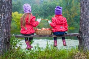 Rear view of two beautiful sisters on bench by the lake with a basket of red apples in their hands photo