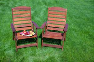 Two wood chairs on the grass with vase of flowers photo