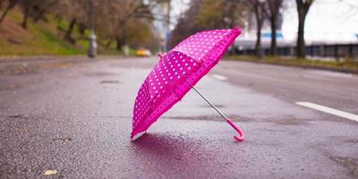 Pink children's umbrella on the wet asphalt outdoors photo
