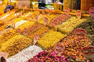Typical spices and teas on sale in the turkish markets photo