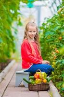 Adorable little girl harvesting cucumbers and tomatoes in greenhouse. Portrait of kid with red tomato in hands. photo