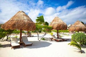 Chaise lounges under an umbrella on sandy beach photo