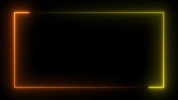 square neon frame on black background. yellow and orange light line running loop with copy space. video