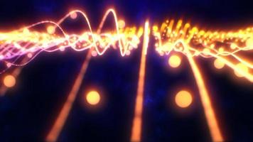 Abstract yellow orange shiny glowing lines rays of energy and magic waves from particles and dots, abstract background. Video 4k, motion design