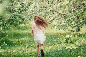 Adorable little girl in blooming apple garden on beautiful spring day photo