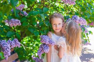 Little adorable girls at blossom trees park photo