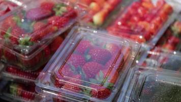 Fresh blackberries and strawberries in the closed plastic containers ready for sale. Healthy fruit video