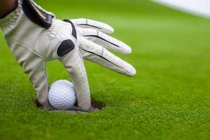 Man's hand putting a golf ball into hole on the green field photo