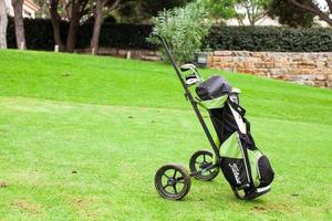 primer plano de una bolsa de golf en un campo verde perfecto foto