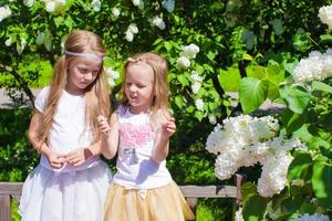 Little adorable girls at blossom trees park photo