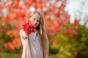 Portrait of adorable little girl with yellow leaves bouquet in fall photo