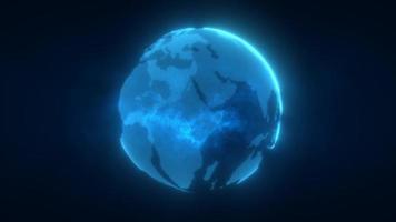 Abstrakter blauer Planet Erde, der sich mit futuristischen Hightech-Partikeln dreht, hell leuchtende magische Energie, abstrakter Hintergrund. Video 4k, Bewegungsdesign
