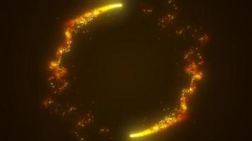 Abstract yellow gold fiery energy lines and cyclic circles with magic bokeh from particles, abstract background. Video 4k, motion design