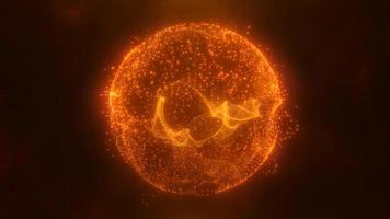 abstrakte runde gelb-orangee Kugel hell leuchtend von Energiestrahlen und magischen Wellen von Partikeln und Punkten, abstrakter Hintergrund. Video 4k, Bewegungsdesign