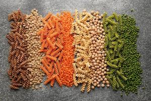 A variety of fusilli pasta from different types of legumes. Gluten-free pasta. photo