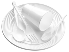vajilla de plástico desechable. taza blanca, plato, tenedor y cuchara aislados en fondo transparente