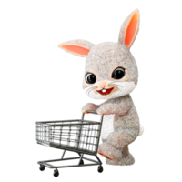 figura de conejito de pascua en representación 3d, paseando mientras arrastra un carrito de compras vacío. png