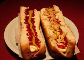 big hot dog with sauces and french fries photo