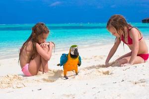 Adorable little girls at beach with big colorful parrot photo