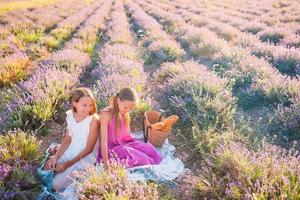 Kids in lavender flowers field at sunset in white dress and hat photo