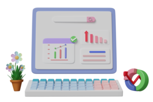 Gráficos de relatório financeiro 3D e gráfico na tela do computador portátil com barra de pesquisa isolada. marketing online, estratégia de negócios, análise de dados, conceito, ilustração de renderização 3d png