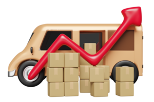 3D-LKW, orangefarbener Lieferwagen mit Pfeilgrafik-Warenkarton isoliert. transport, schifffahrt, hohe inflation, teuer, erhöhen sie das preiskonzept, 3d-darstellung png