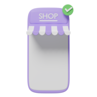 Teléfono móvil o smartphone púrpura 3d con frente de tienda, marca de verificación aislada. compras en línea, concepto mínimo, ilustración 3d o presentación 3d png