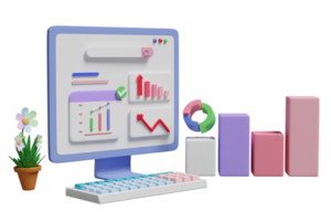 3d financial report charts and graph on laptop computer screen with search bar isolated. Online marketing, business strategy, data analysis, concept, 3d render illustration png