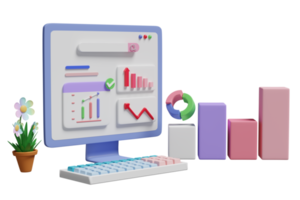 3d finansiell Rapportera diagram och Graf på bärbar dator dator skärm med Sök bar isolerat. uppkopplad marknadsföring, företag strategi, data analys, begrepp, 3d framställa illustration png