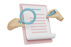 3d check list with hands holding pencil, magnifying glass, clipboard, check mark isolated. concept 3d render illustration png