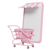 Teléfono móvil rosa 3d, teléfono inteligente con frente de tienda, carrito de compras, cesta aislada. compras en línea, concepto mínimo, ilustración de presentación 3d png