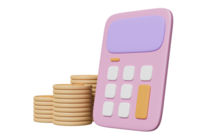 Icono de calculadora rosa 3d con pila de monedas para contabilidad financiera aislada. ilustración de render 3d de concepto mínimo png