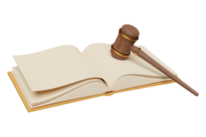 3d wooden judge gavel, hammer auction with open book isolated. law, justice system symbol concept, 3d render illustration png