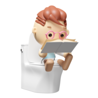 3D-Cartoon-Junge, der auf der Toilette im Badezimmer sitzt und ein Buch liest, isoliert. 3D-Darstellung png