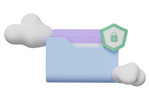 Icono de carpeta de nube 3d con escudo inseguro aislado. descarga de almacenamiento en la nube, transferencia de datos, seguridad de Internet, protección de la privacidad, protección contra ransomware, ilustración de representación 3d png