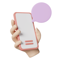 Mídia social 3D com a mão segurando o telefone celular, smartphone, ícones de bolhas de bate-papo isolados. social online, aplicativos de comunicação, conceito de modelo mínimo, ilustração de renderização 3d png